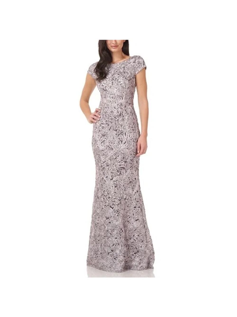 JS Collections Embroidered Lace Short Sleeve Trumpet Gown Dusty Lavender Size 2